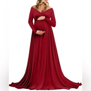Maternity Long Sleeve Wrap-Style Maxi Dress in Deep Wine